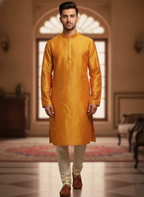 Men's Mustard Solid Silk Kurta