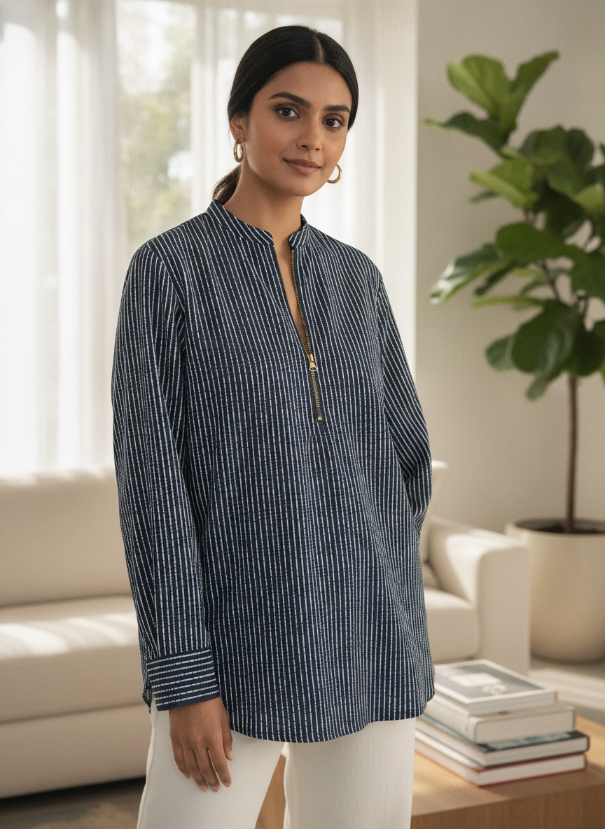 Women's Navy Blue Striped Collared Top