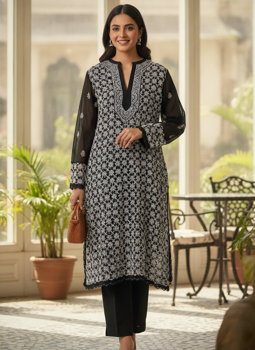 Black Embroidered Regular Fit Kurti
