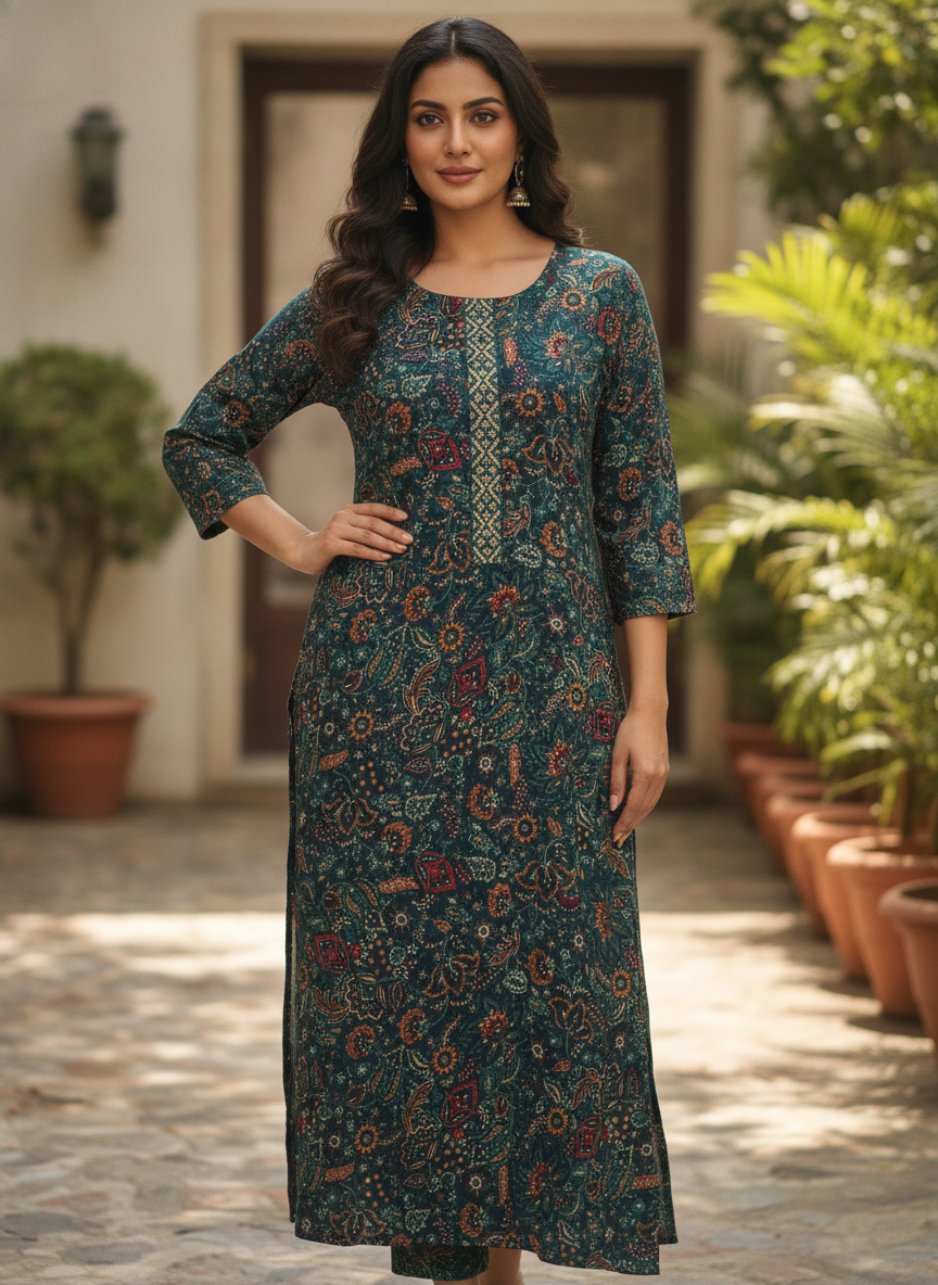 Green Ethnic Print Viscose Kurti