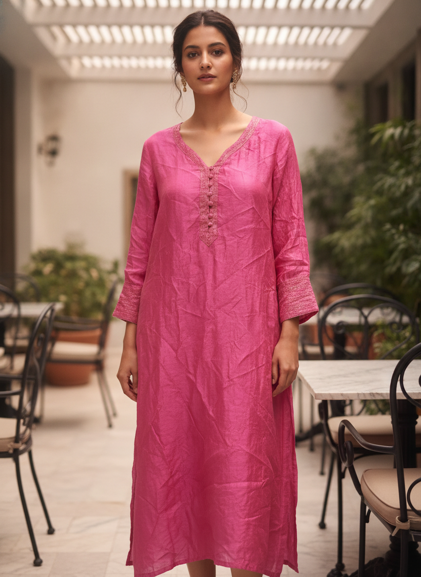 Pink Embellished Straight Silk Kurti