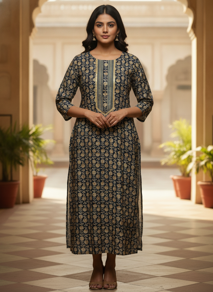 Navy Floral Printed Cotton Kurti
