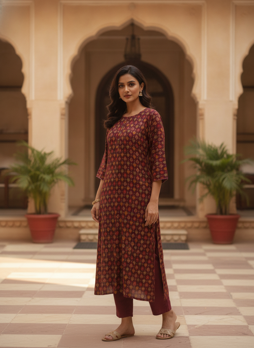 Women's Wine Ethnic Printed Rayon Kurti