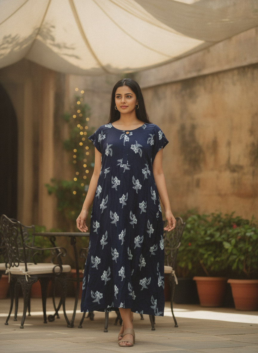 Navy Blue Floral Printed Relaxed Fit Dress