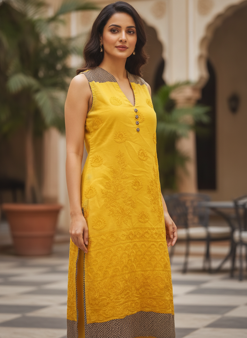 Yellow Embellished Sleeveless Kurti