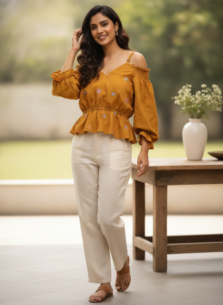 Mustard Botanical Embroidered Off-Shoulder Relaxed Fit Top