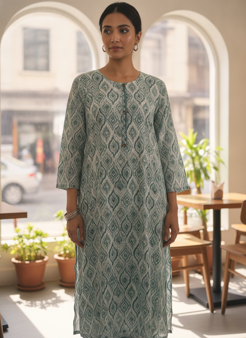 Sea Green Abstract Print Regular Fit Kurti