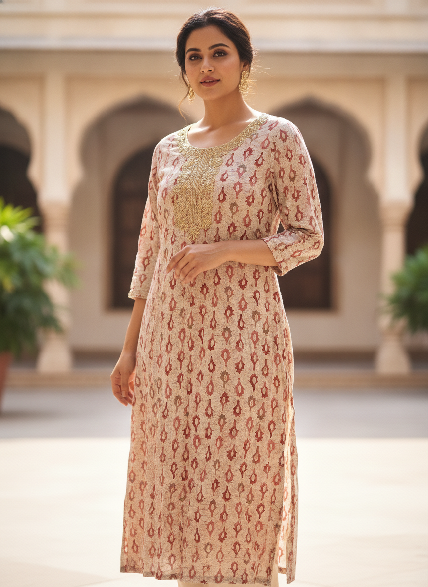 Off White Printed Kurti with Embellished Neckline