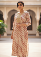 Off White Printed Kurti with Embellished Neckline