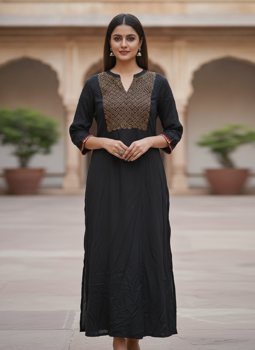 Black Ethnic Print V-Neck Kurti