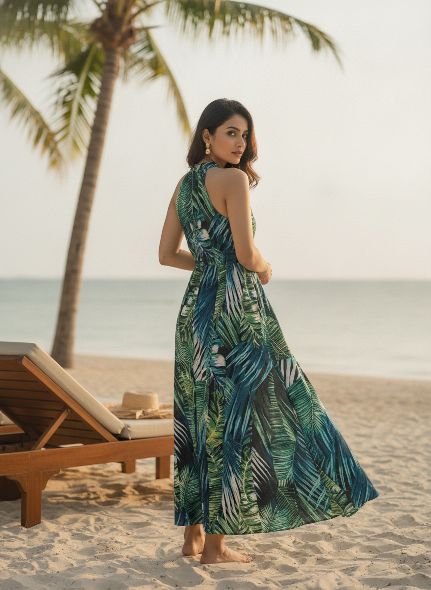 Multi-Color Botanical Print Halter Neck Maxi Dress