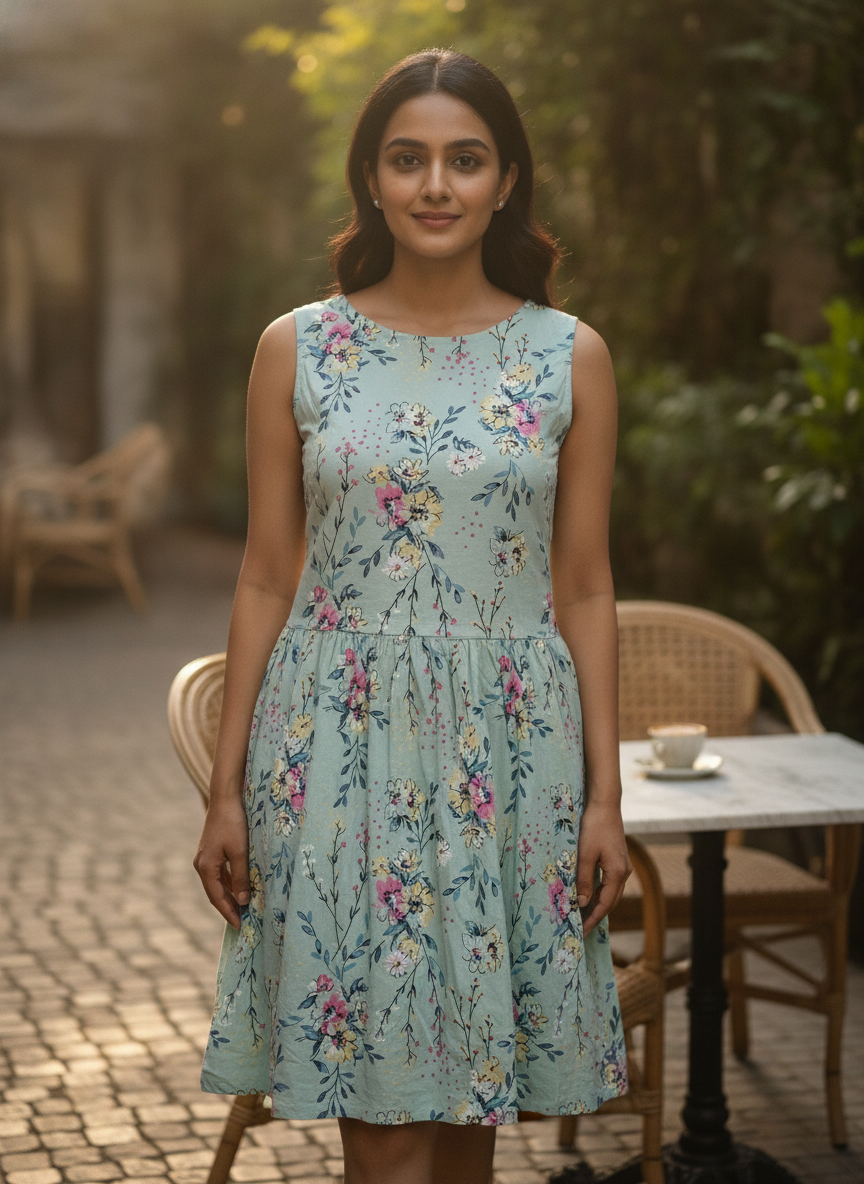 Women's Mint Green Floral Printed Flared Dress