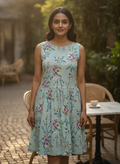 Women's Mint Green Floral Printed Flared Dress