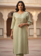 Light Green Printed Kurti with Embellished Placket