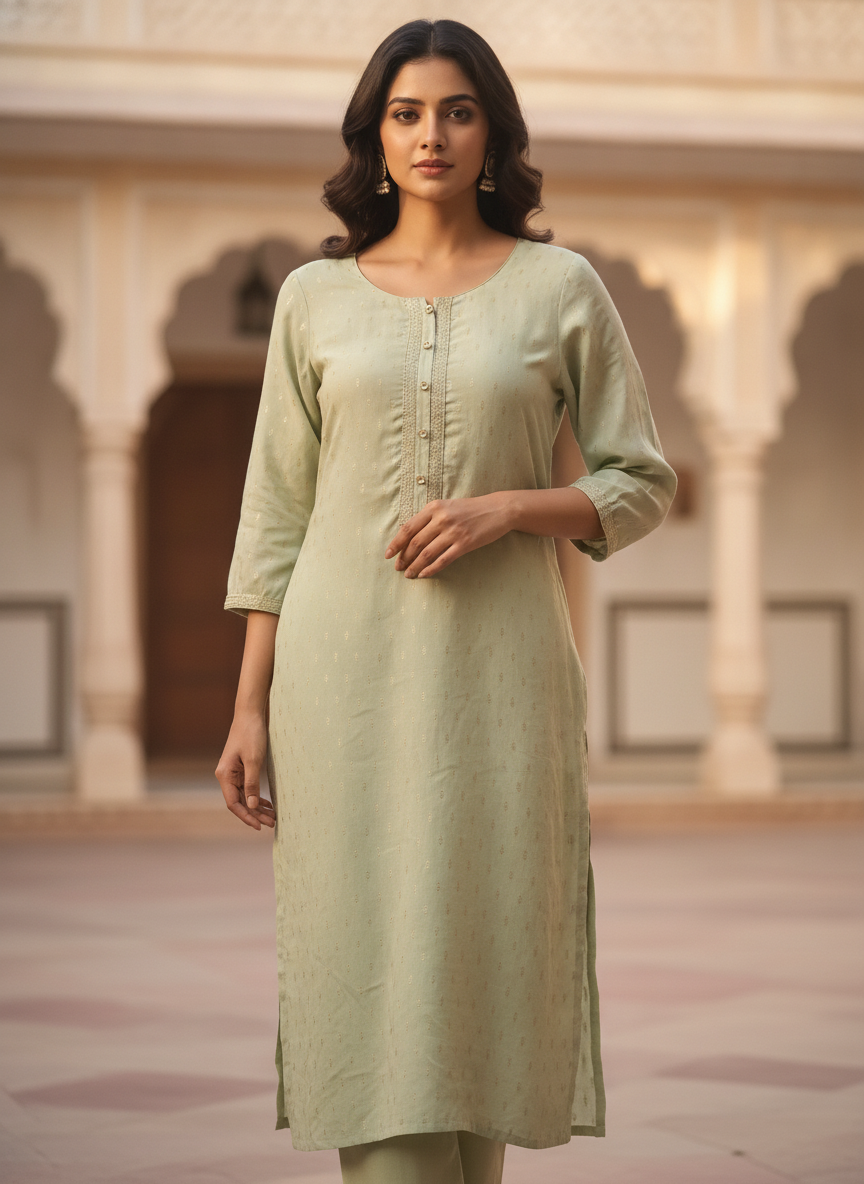 Light Green Printed Kurti with Embellished Placket