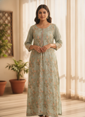 Sea Green Embellished Floral Viscose Kurti