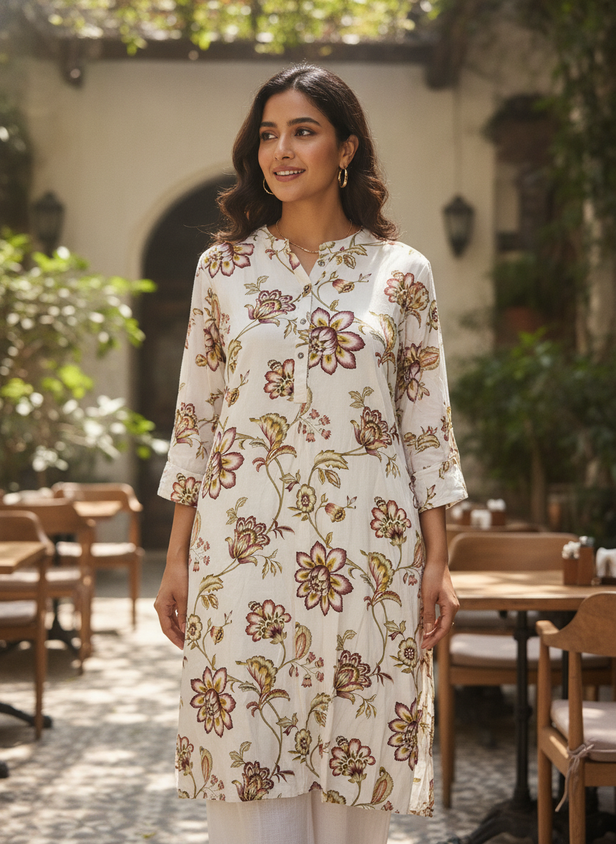 Women's Off White Floral Printed Kurti