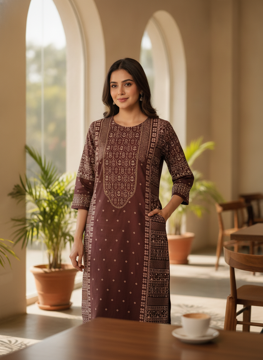 Brown Ethnic Print Straight Kurti