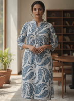 Women's Blue and White Floral Printed Cotton Kurti