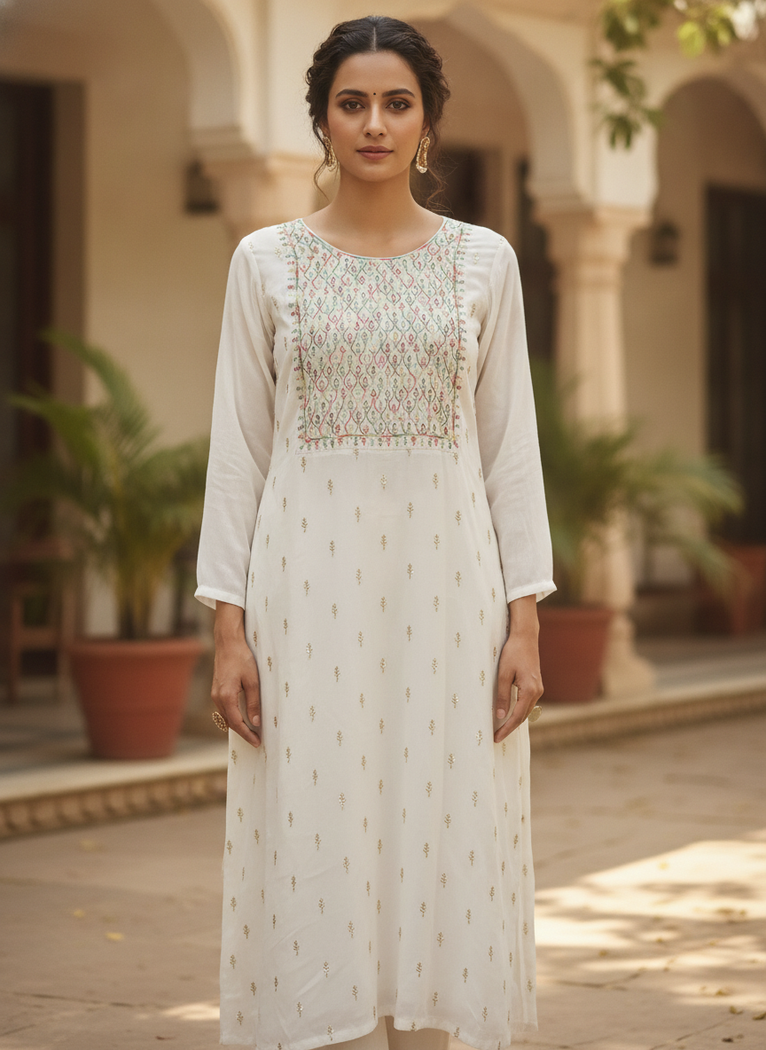 Off White Embellished Viscose Kurti with Ethnic Yoke Embroidery