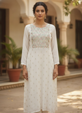 Off White Embellished Viscose Kurti with Ethnic Yoke Embroidery