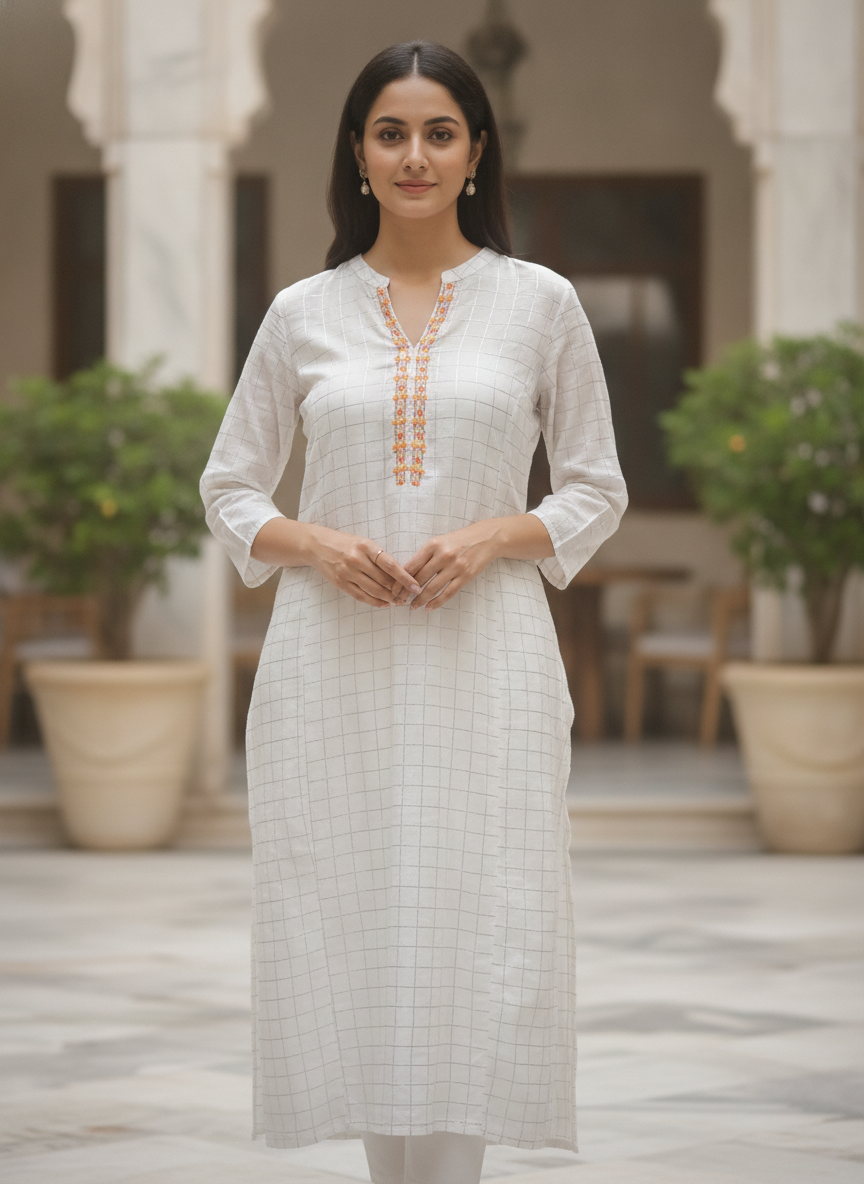 White Checkered Embellished Kurti