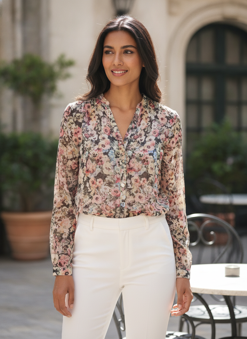 Women's Multi Floral Print Long Sleeve Blouse