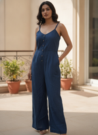 Dark Blue Casual Cotton Jumpsuit with Button Front