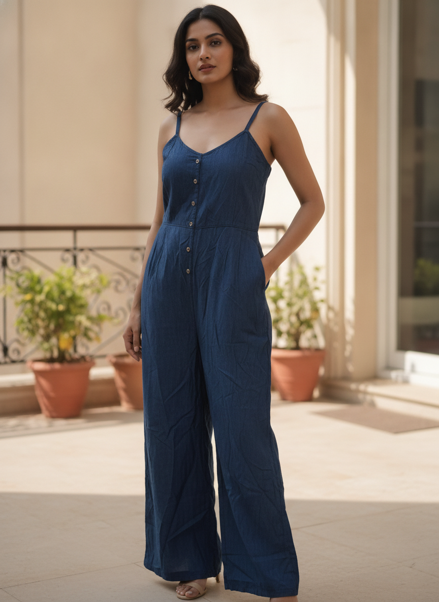 Dark Blue Casual Cotton Jumpsuit with Button Front