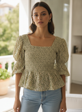 Women's Cream Floral Smocked Square Neck Top