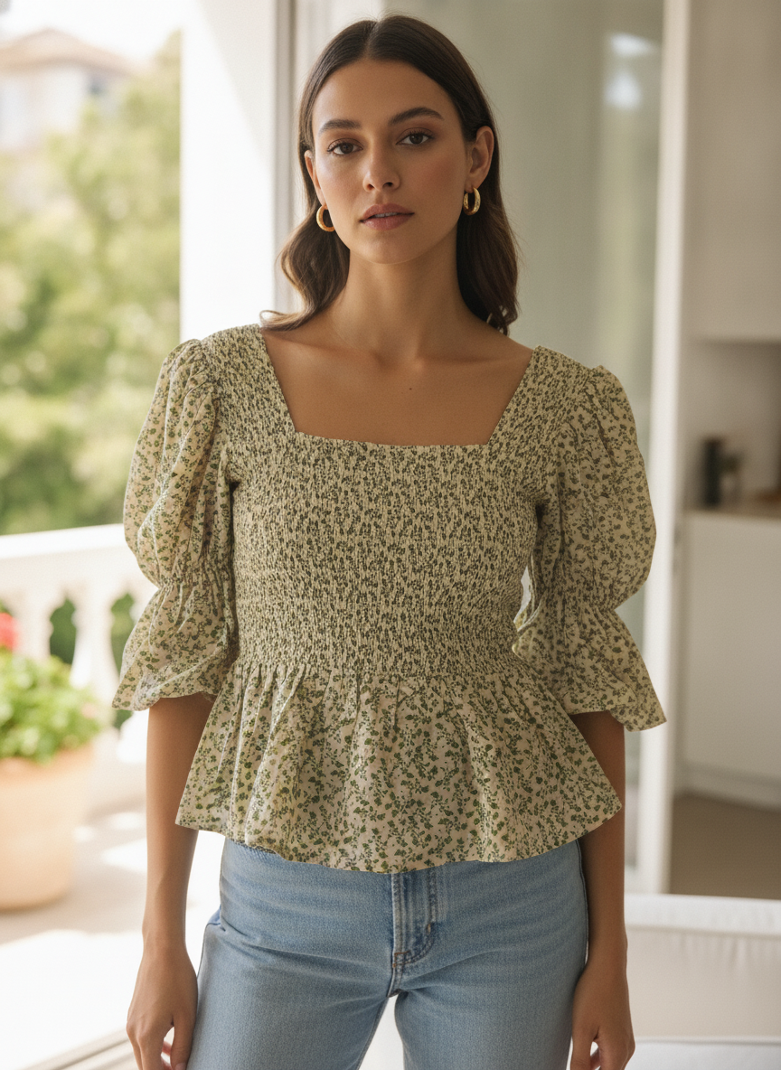 Women's Cream Floral Smocked Square Neck Top