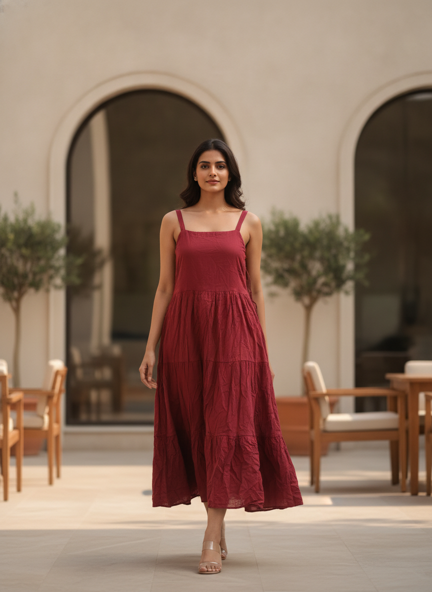 Women's Maroon Solid Flared Casual Dress