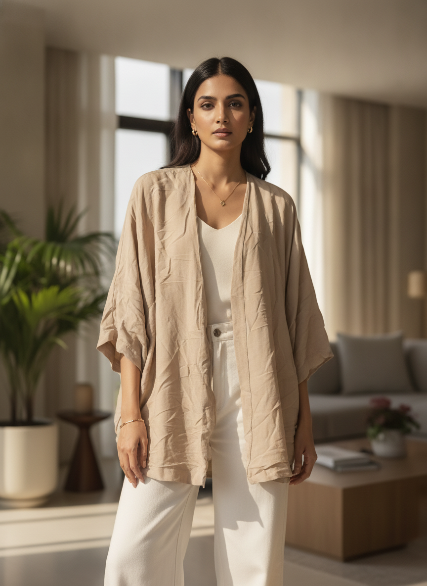 Beige Solid Relaxed Fit Open-Front Jacket