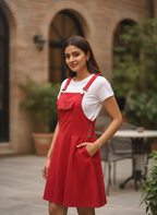 Women's Red Solid Pinafore A-line Dress