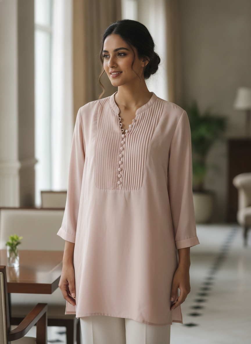 Peach Relaxed Fit Pleated Tunic Top
