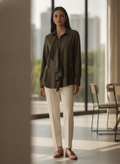 Dark Olive Draped Collared Casual Shirt