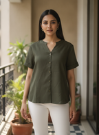 Dark Green Solid Regular Fit Button-Down Top