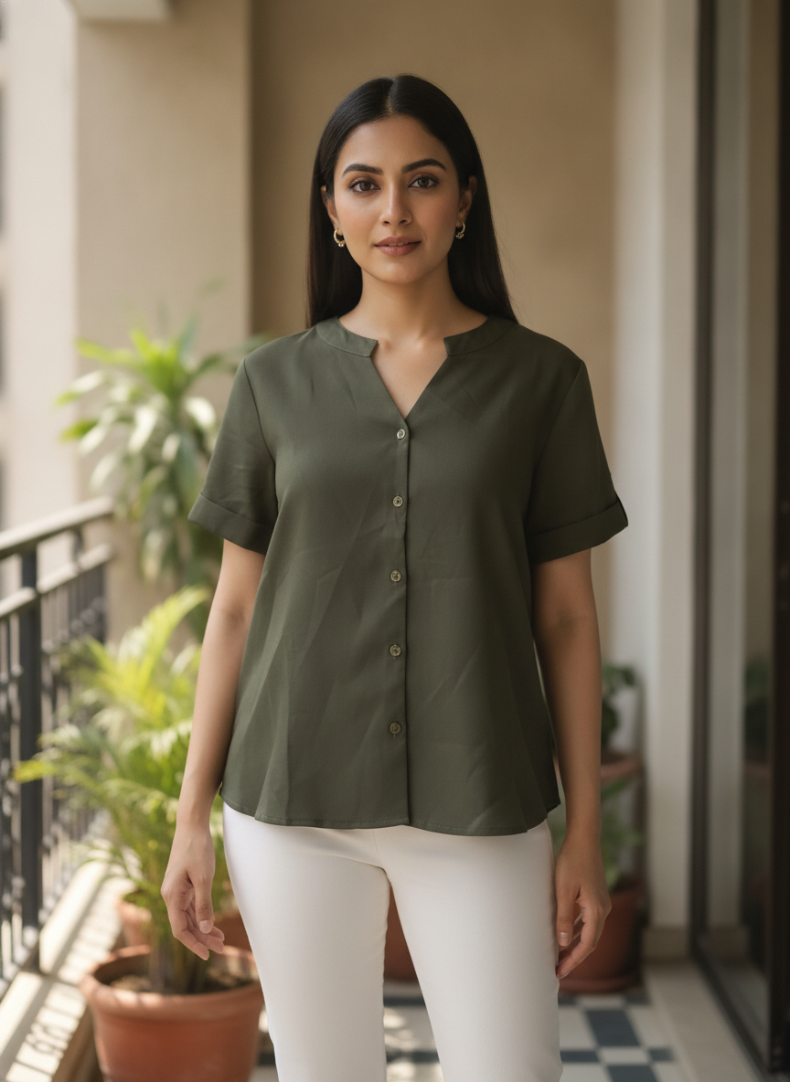 Dark Green Solid Regular Fit Button-Down Top