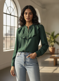 Women's Dark Green Solid Ruffled Top