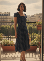 Navy Blue Polka Dot Flared Casual Dress