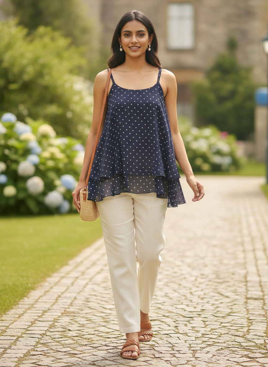 Navy Blue Polka Dot Flared Spaghetti Strap Top