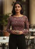 Burgundy Floral Print Shirred Crop Top