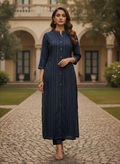 Women's Navy Blue Striped Embellished Straight Kurti