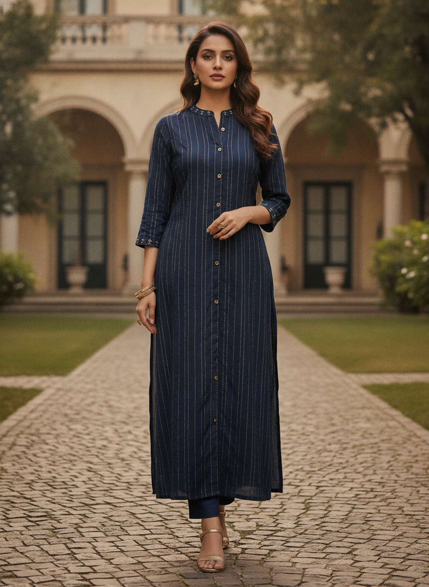 Women's Navy Blue Striped Embellished Straight Kurti