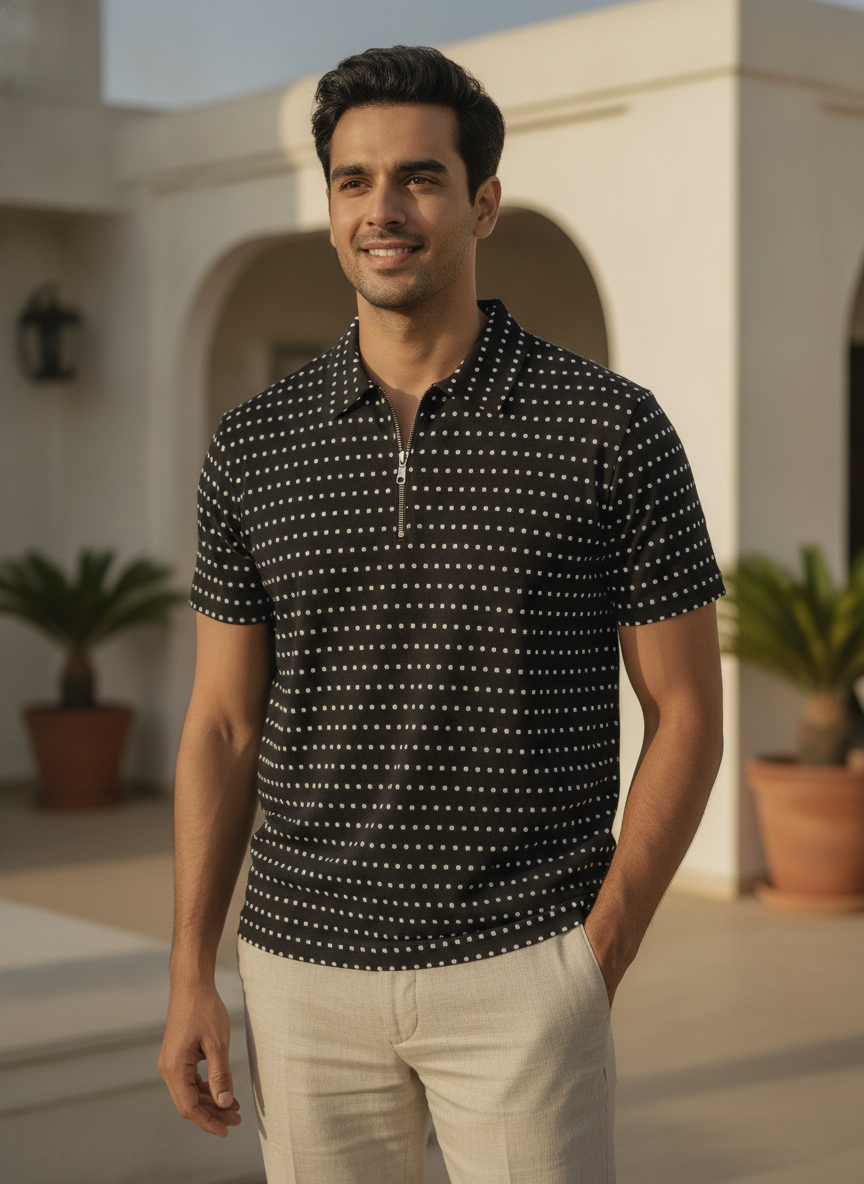 Women's Black Polka Dot Casual Top with Zip Collar