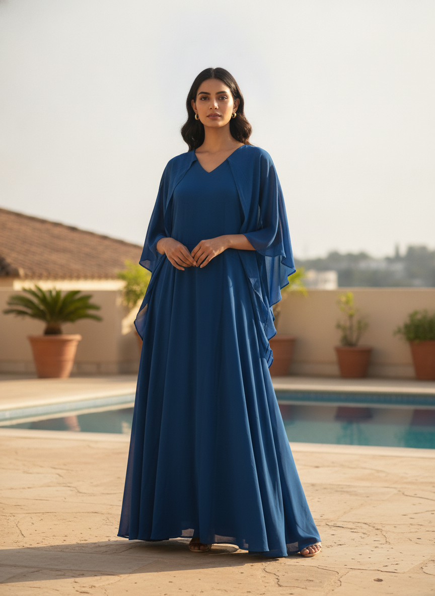 Blue V-Neck Kaftan Style Flared Maxi Dress