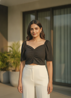 Women's Black Ribbed Square Neck Ruched Crop Top