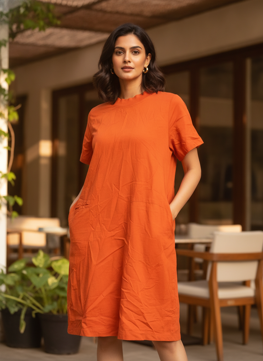 Orange Solid Regular Fit Casual Dress
