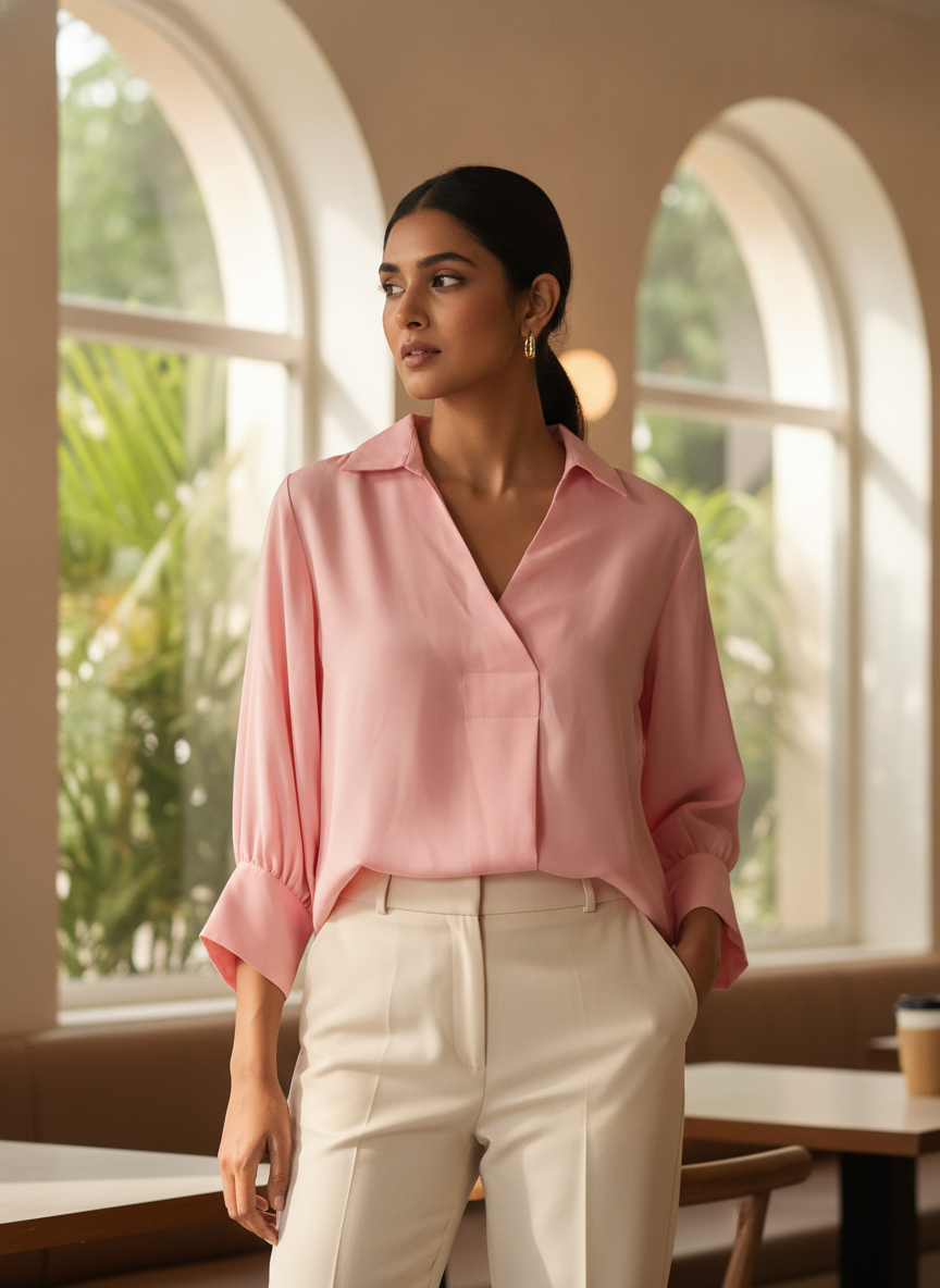 Pink V-Neck Relaxed Fit Solid Blouse