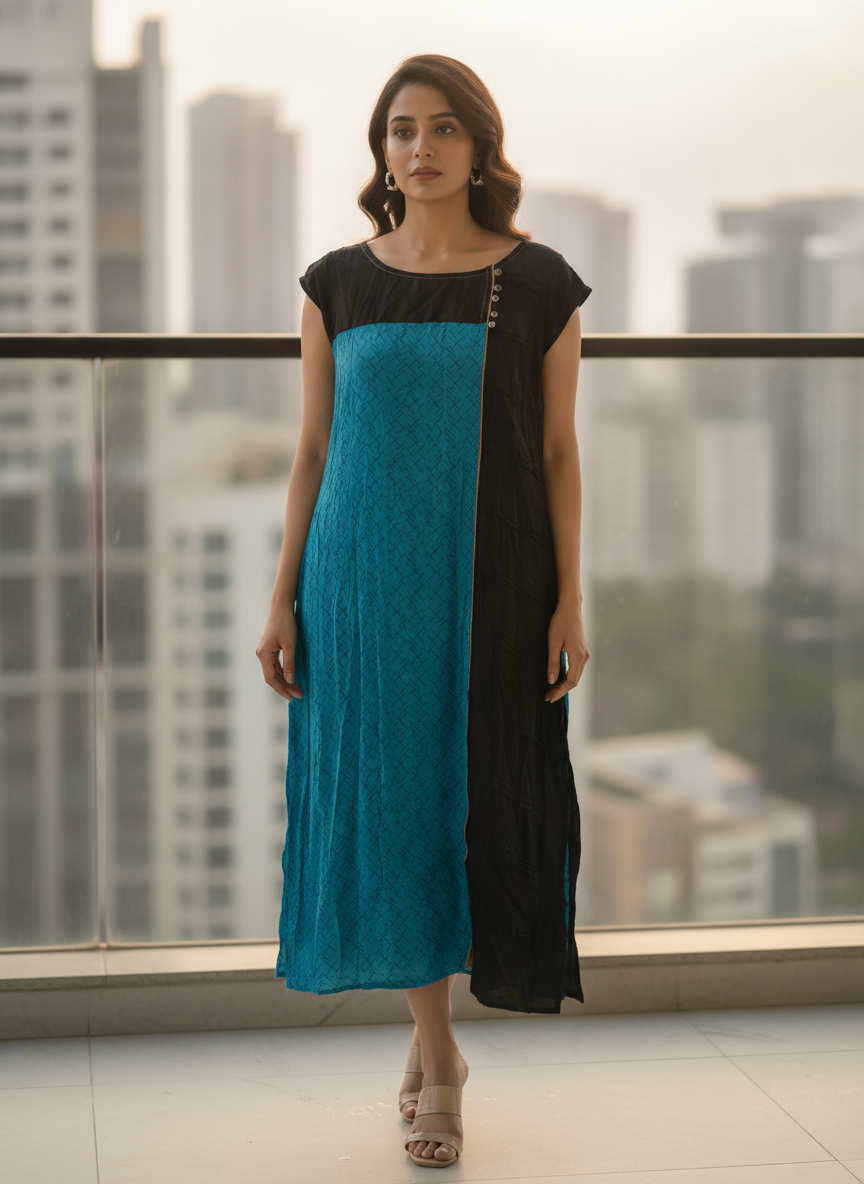 Black & Turquoise Color Block Regular Fit Kurti